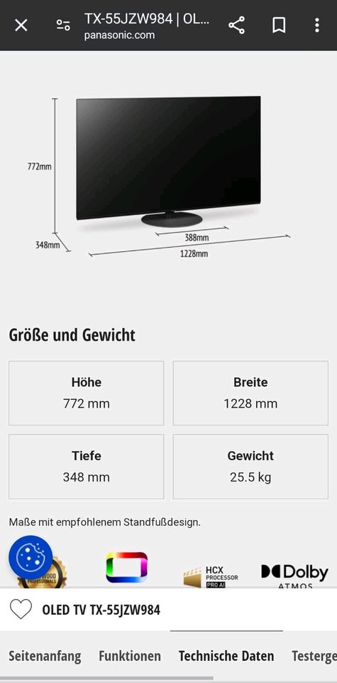Panasonic OLED TV TX-55HZW984 in 55 Zoll in Linkenheim-Hochstetten