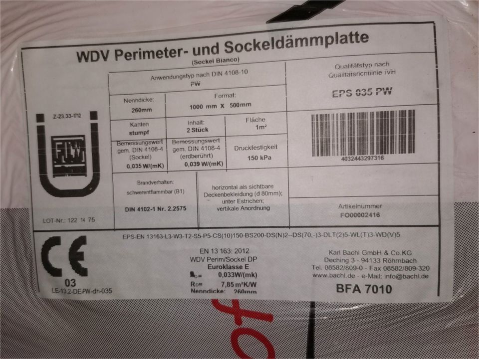 WDV Perimeter- Sockeldämmplatte 120 mm oder 260 mm  -  neu -- in Hannover