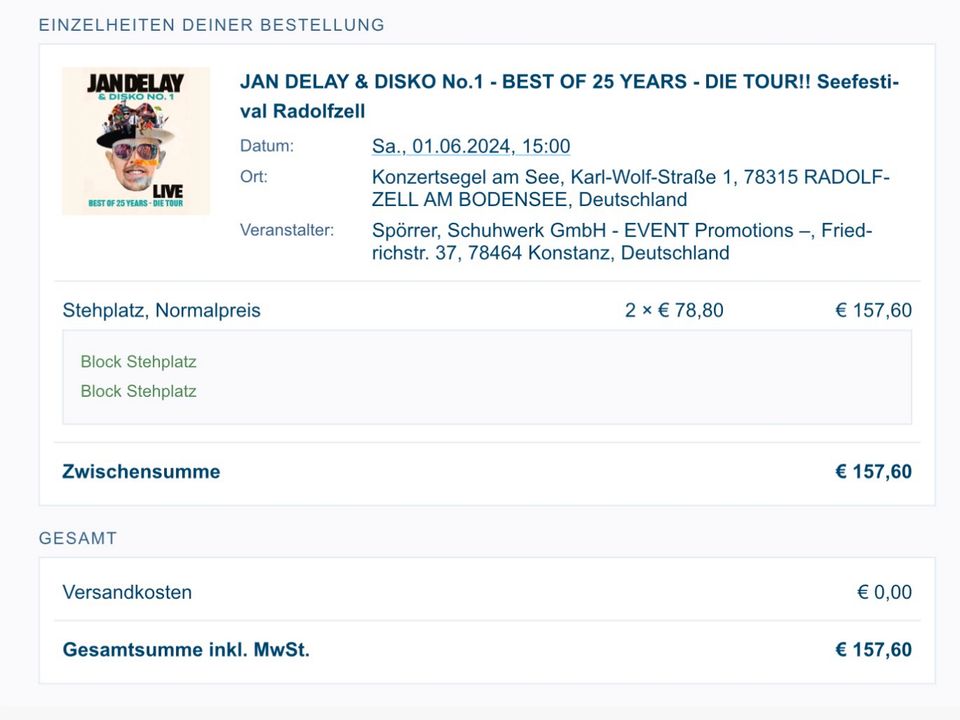 Jan Delay - 2 Tickets Radolfzell Seefestival 1. Juni 2024 (Sa) in Niefern-Öschelbronn