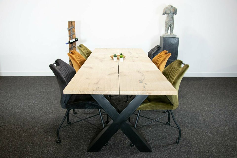 Eiche Bohlentisch 240x100 "JEDE GRÖßE MÖGLICH"  Esstisch Massiv Küchentisch Unverleimt Massivholztisch Eichentisch Wohnzimmertisch Holztisch Design Tisch Stahlbeine Edelstahl Tischbeine in Ochtrup