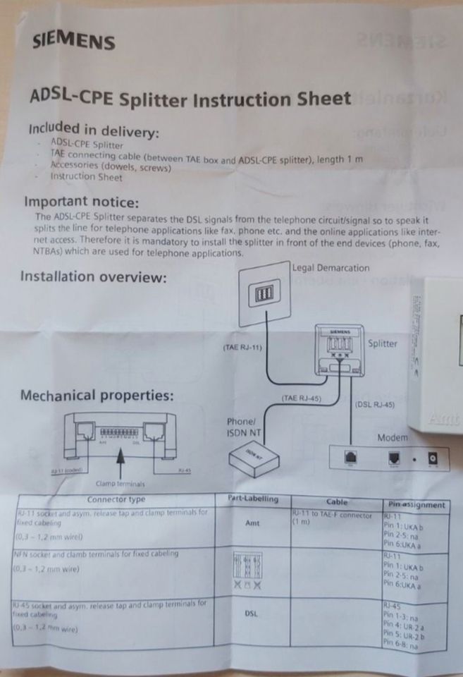 DSL splitter für ADSL Internet teleofonie in Hemmingen