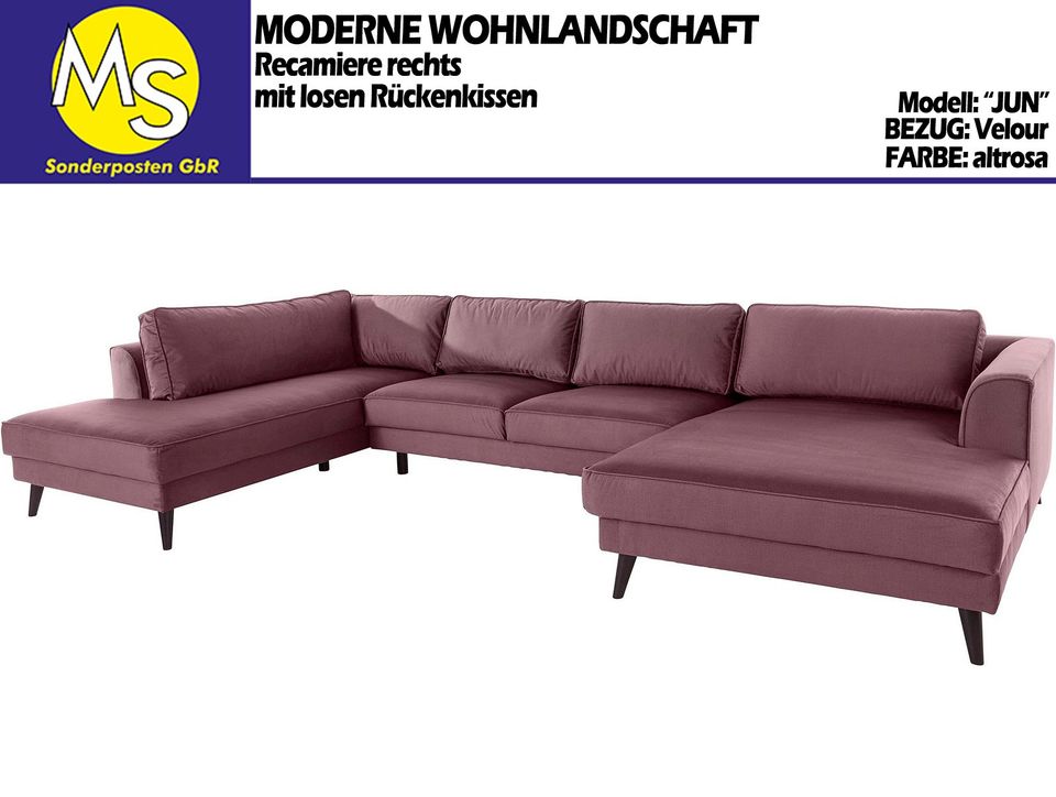 Sofa Couch Wohnlandschaft U Form Velours altrosa in Mettingen