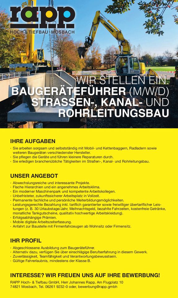 STELLE BAUGERÄTEFÜHRER (M/W/D) in Mosbach