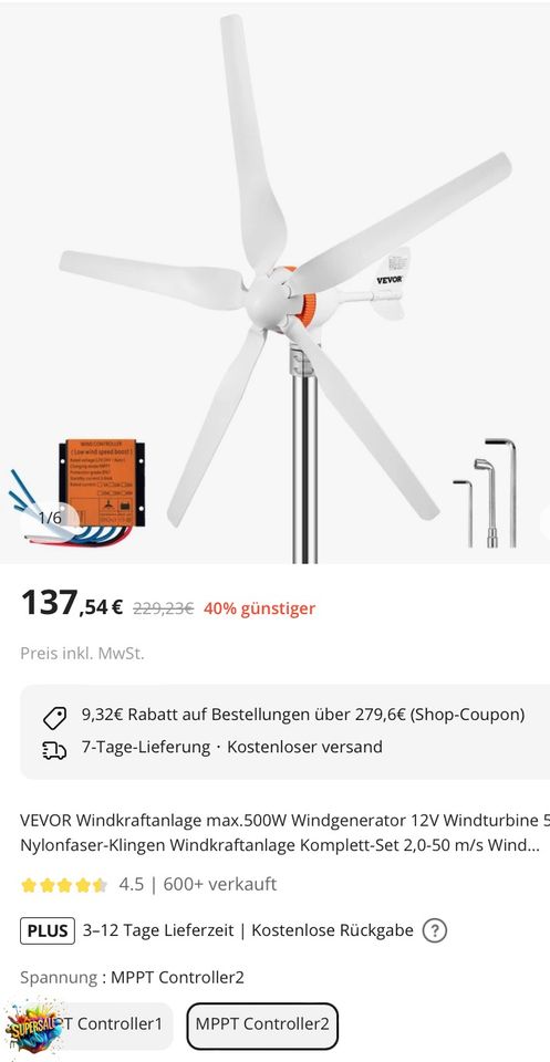 neu VEVOR Windkraftanlage 500W Windgenerator 12V Windturbine in