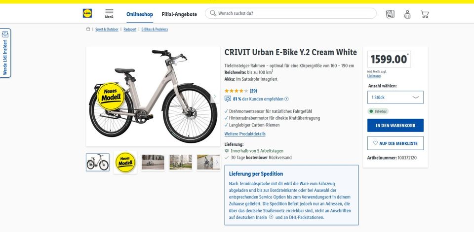 CRIVIT Urban E-Bike Y.2 Cream White - Keine 2 Monate alt in Rheine