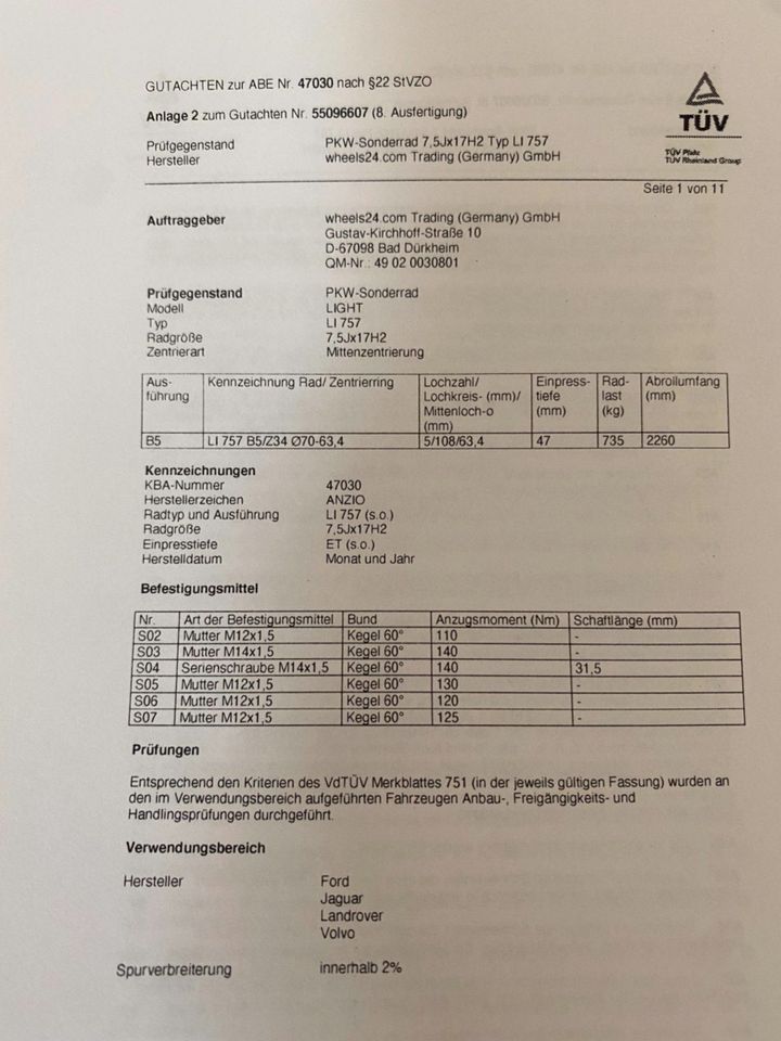 17 Zoll Volvo XC60 Ford Jaguar Peugeot 7,5Jx17 ET47 5x108 235/65 in Klein-Winternheim