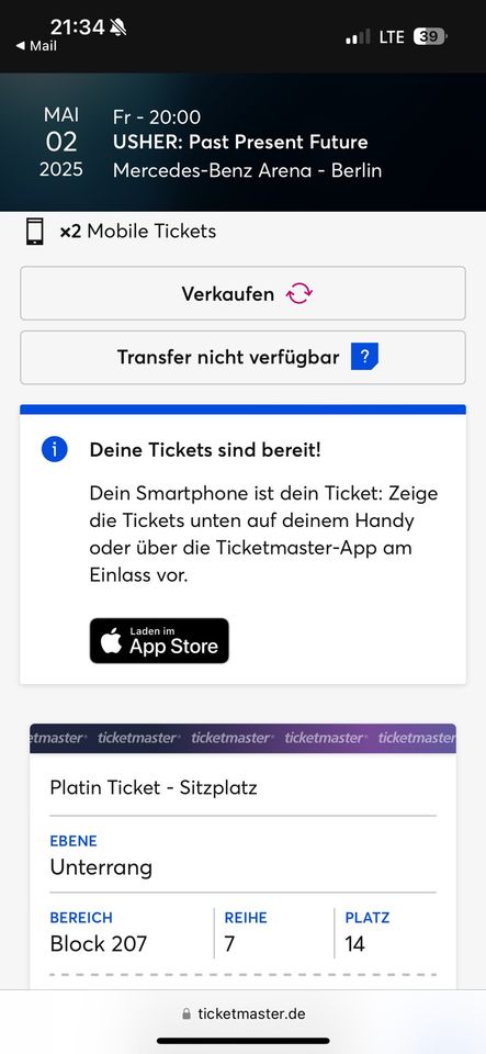 2 x Usher Ticket Berlin 02.05.25 Block 207 Reihe 7 in Illschwang