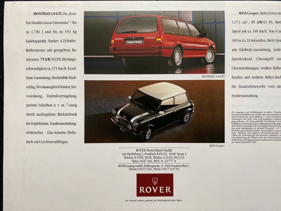 Prospekt Rover Programm inkl. 100, 200, 400, 800, Mini 09/1991 in Mettmann