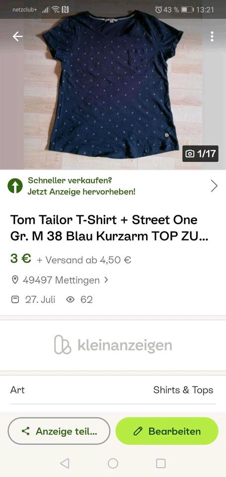 3 T-Shirts zusammen 10€ Gr. 38 Soccx, Street One und Tom Tailor in Mettingen