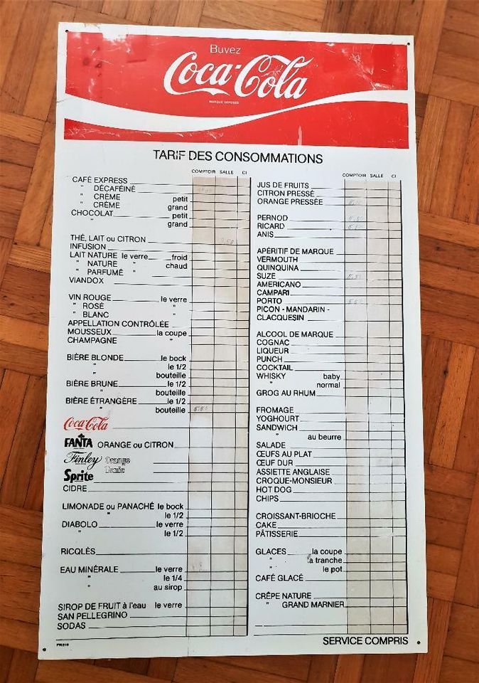 Alte Preistafel - Coca-Cola Tarif des Consommations - von 1985 in Heusweiler