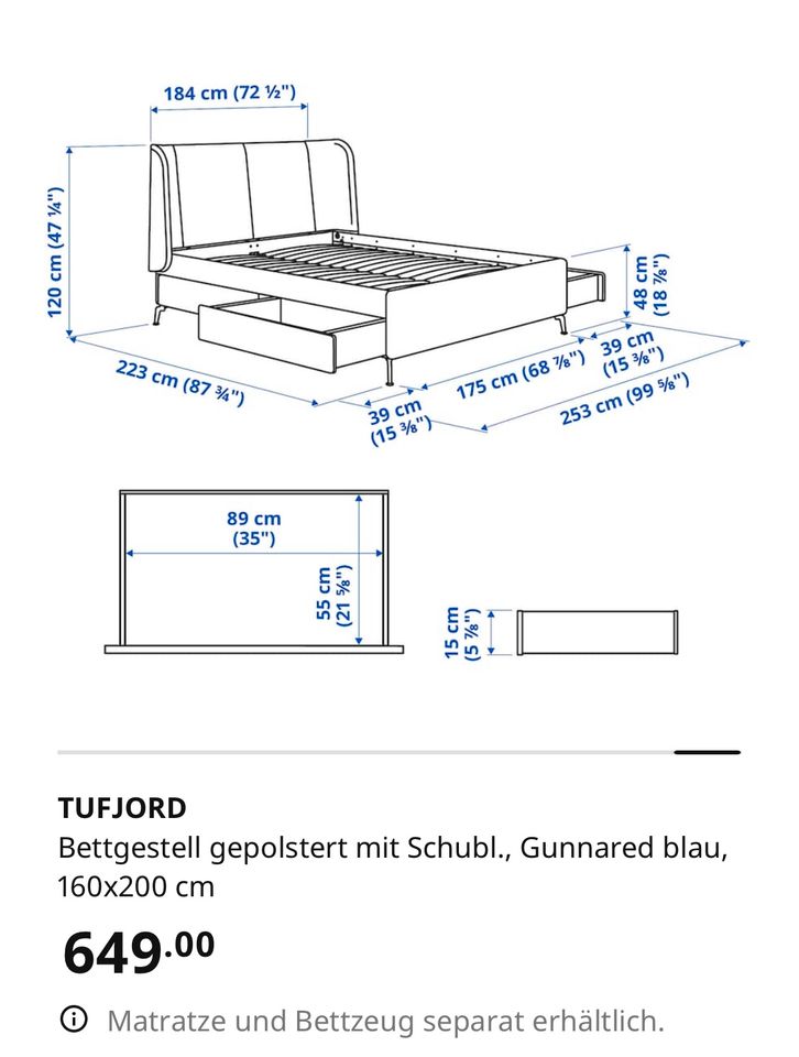 Ikea Tufjord Bettgestell inkl. Lattenrost und Matratze in Überherrn