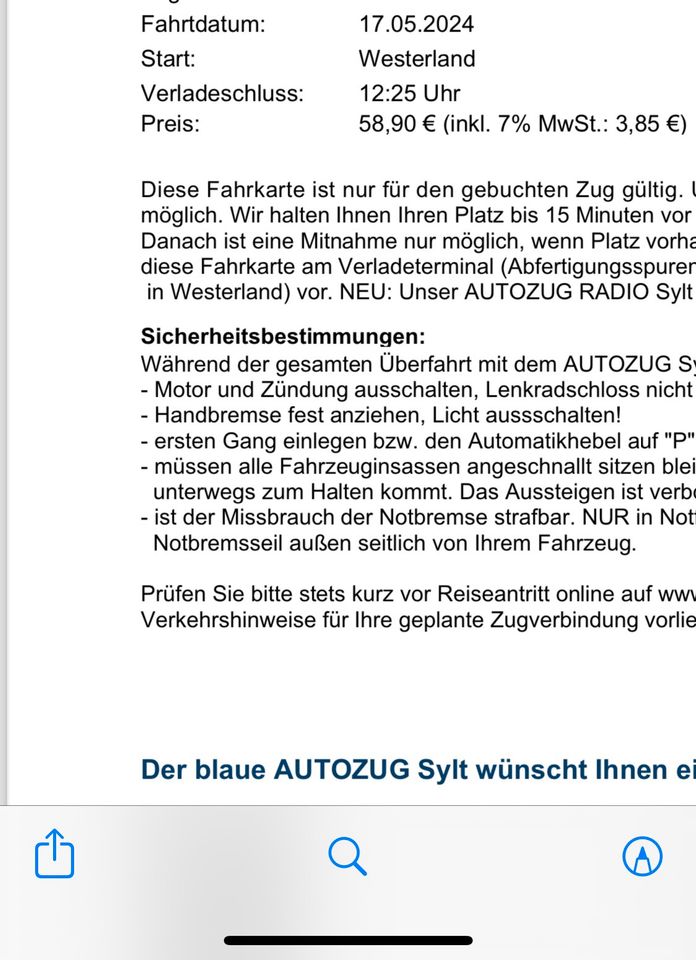 RDC Autozug Westerland Sylt Niebüll Ticket 17.05.2024 12:25 in Reinbek