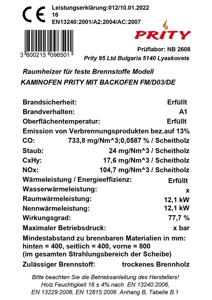 Holzofen Kaminofen mit Backfach FM 12,1 kW BImSchV Stufe 2 in Weißenburg in Bayern