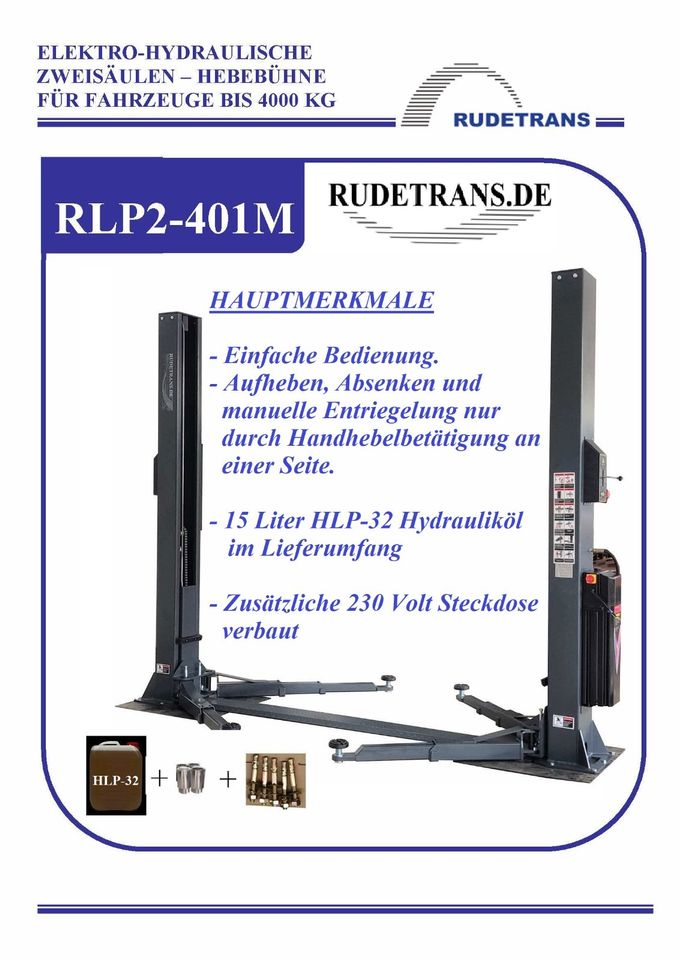 RLP2-401M, 2 Säulen KFZ Hebebühne 4,0 t - RT-Line. 400V Anschluß in Niederfischbach