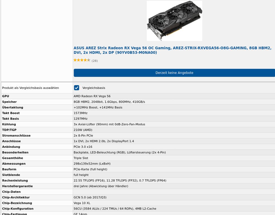 Asus Arez Strix RX Vega 56 8 GB GDDR5 sehr guter Zustand in Gehofen