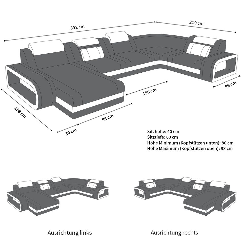 Polster Sofa Wohnlandschaft Berlin U Form mit LED und USB-Port in Berlin