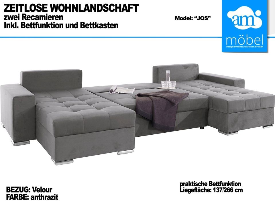 Sofa Couch Wohnlandschaft U Form Bettfunktion-Bettkasten Velour in Bremen