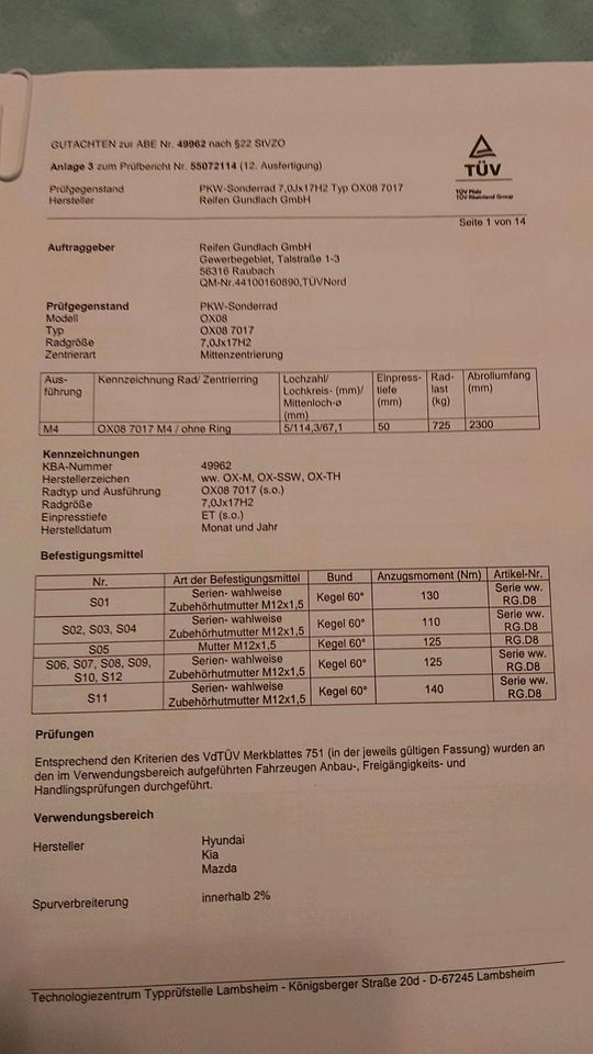 Alufelgen 17Zoll LK5X114,3 mit Winterreifen in Mettmann