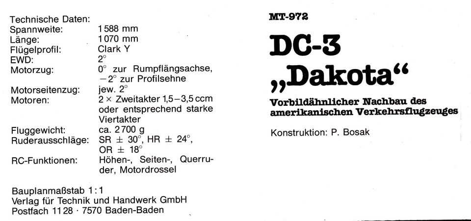 Bauplan Douglas DC 3 Dakota Spannw. 1588 mm in Wuppertal