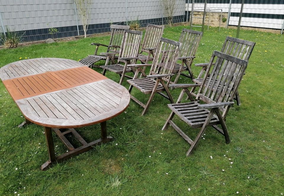 Gartenmöbel Teak 9-teilig Tische Stühle Liegestuhl Öl in Recklinghausen