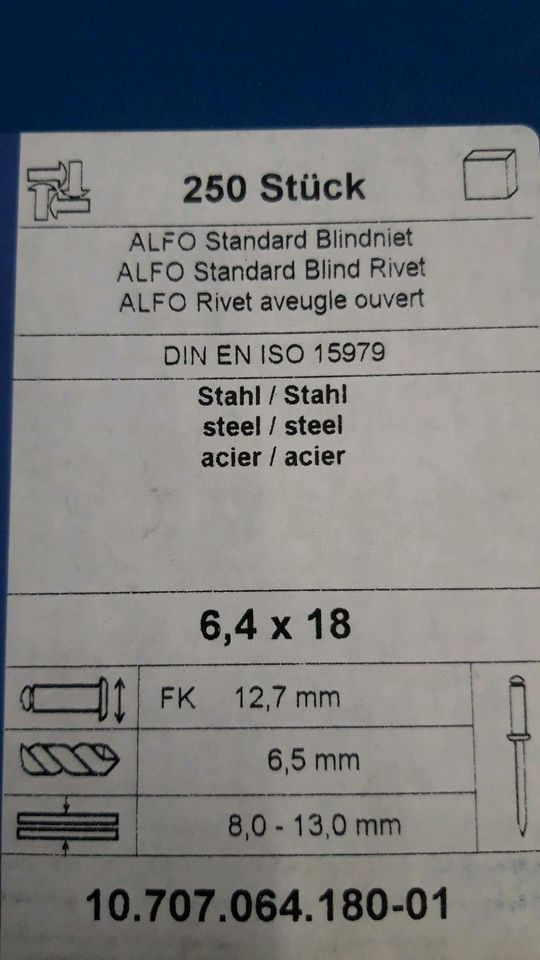 Blindnieten 6,4 x 18 - HONSEL ALFO in Ingolstadt
