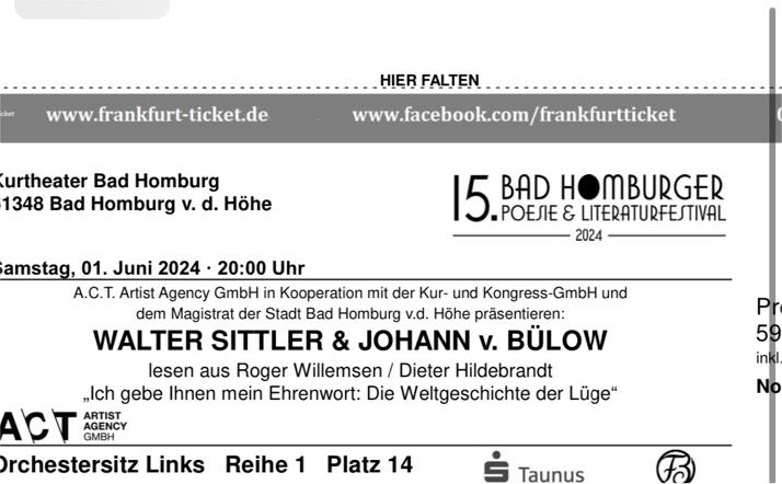 2 Karten Bad Homburg Walter Sittler Johann v Bülow 1. Juni in Düsseldorf