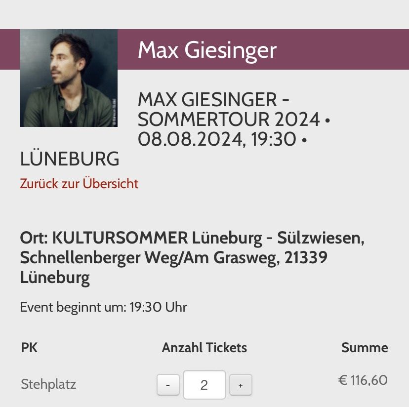 Max Giesinger Konzertkarten Sommertour Lüneburg in Embsen