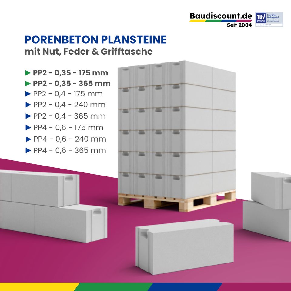 Gasbetonsteine kaufen | Baudiscount Porenbeton | PP4 - 175mm mit Nut und Feder in Berlin