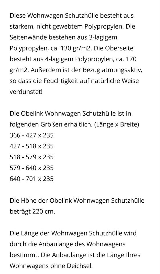 NEU Obelink 518 - 579 x 235 cm Wohnwagen Schutzhülle in Lindau