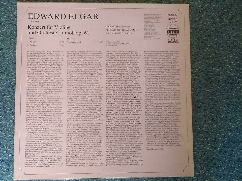 SCHALLPLATTE LP: Edward Elgar , Violinkonzert op.61 / I. Oistrach in Dresden