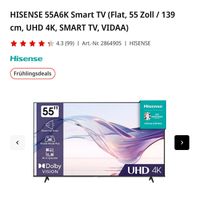 Hisenes 55A6k Smart TV (Flat, 55 Zooll/139cm, UHD 4k,SMART TV, VA Nordrhein-Westfalen - Lübbecke  Vorschau