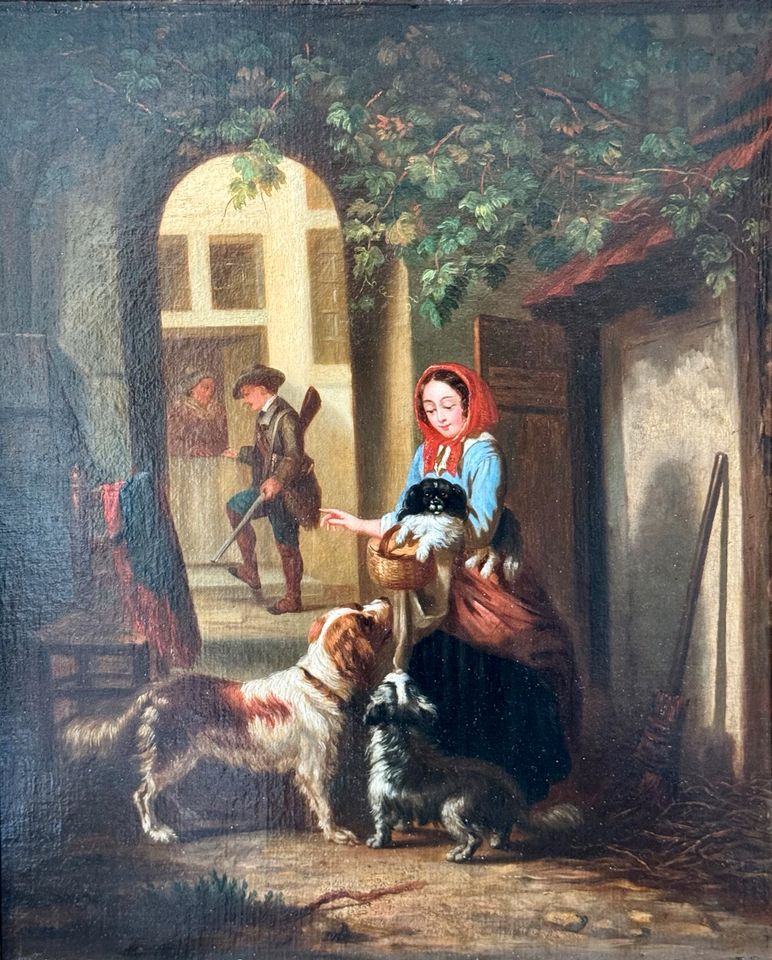 Antikes Ölgemälde, Romantik, Mädchen mit Hunden, 19. Jahrhundert in Bad Säckingen