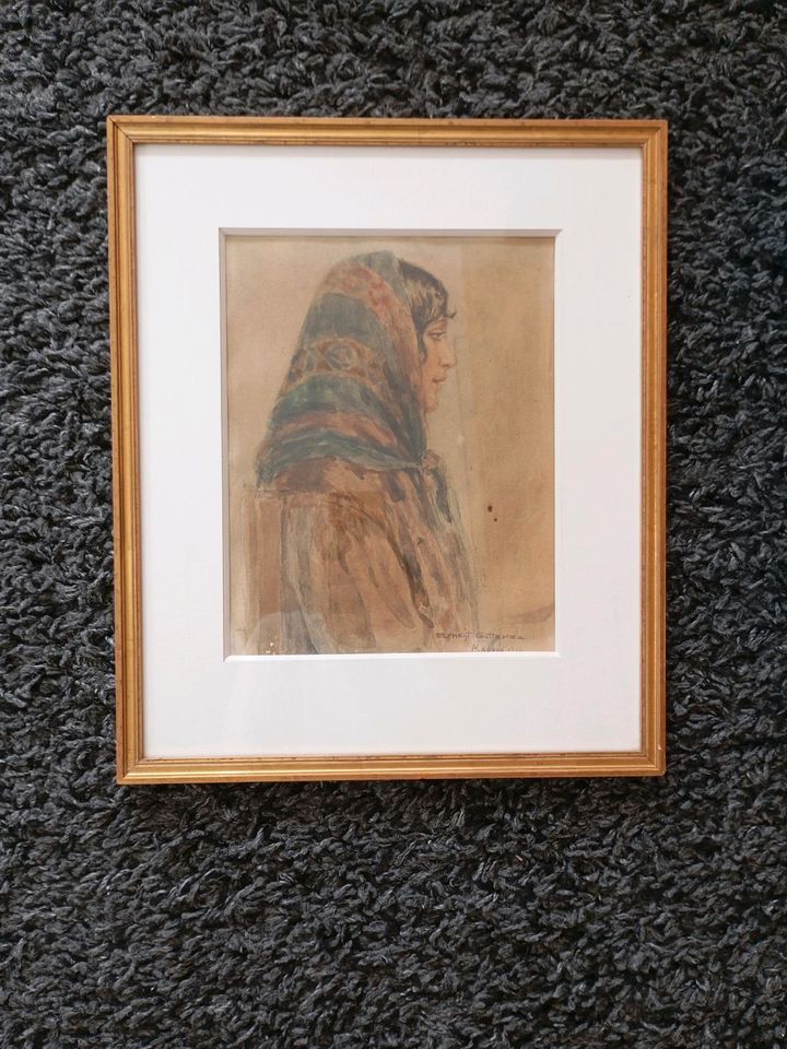 Gemälde,Aquarelle,alt,antik,Südländische Frau,1916,0rientalist in Saarbrücken