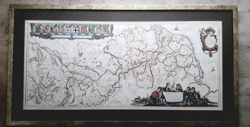Antike Landkarte, Bleau Karte, Fluvius Rhenus, kolorierter Stich in Diepholz