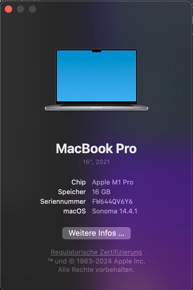 MacBook Pro 16“ 2021 M1 Pro 16GB RAM 2TB SSD in Künzell