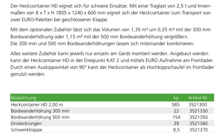 Düvelsdorf Heckcontainer 2m HD und Hochkippschaufel in einem✅NEU in Werder (Havel)