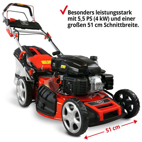 Benzin Rasen Mäher mit Antrieb Schnittbreite 51 cm Elektrostart Radantrieb Mulch VB in Greven