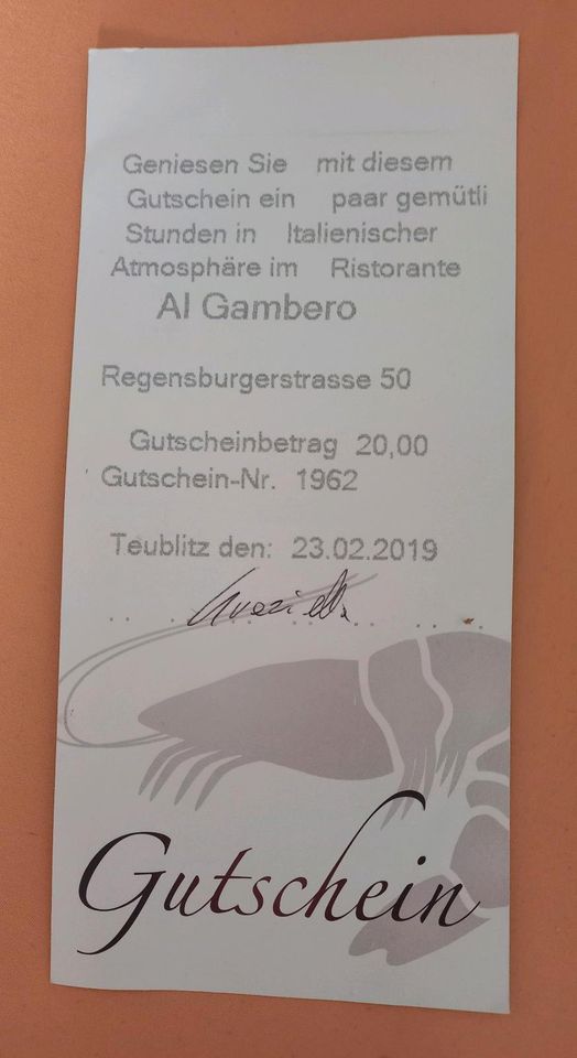 Gutschein Wert 20 Euro für  Ristorante Pizzeria Al Gambero in Regensburg