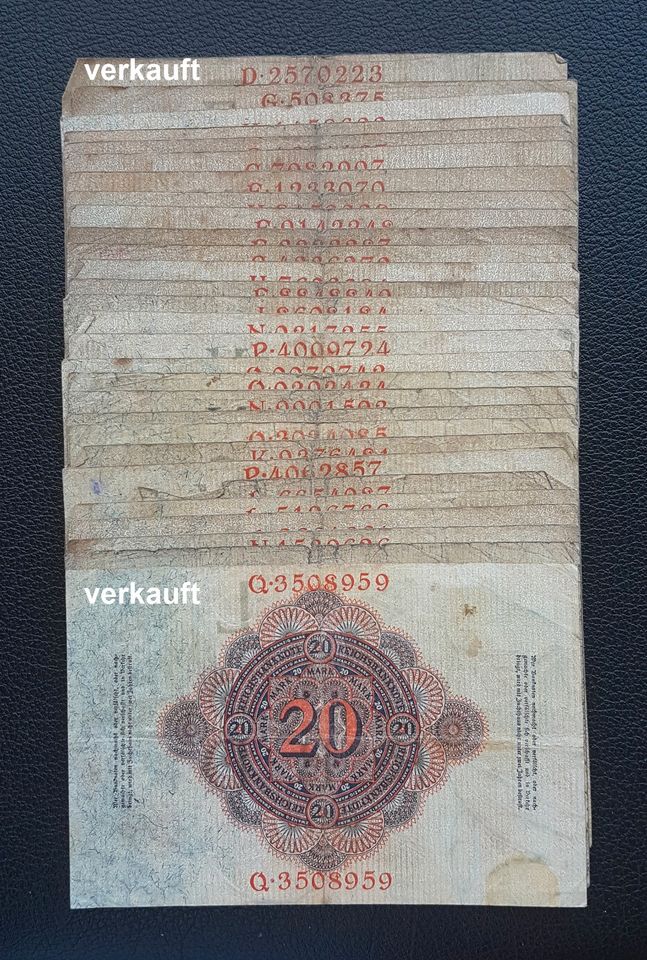 alte Geldscheine / Banknoten / Reichsbanknoten 1908 bis 1914 in Riedstadt