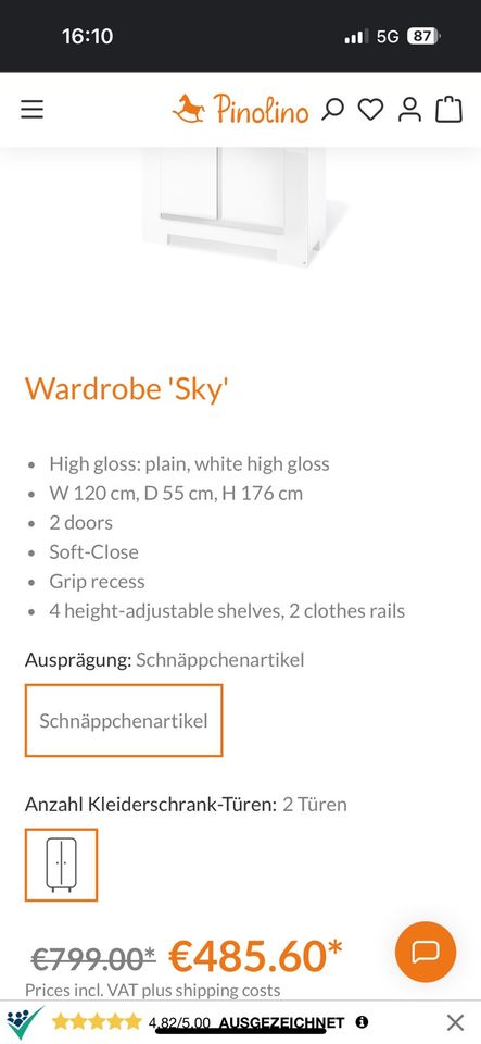 NEU Pinolino Kinderkleiderschrank Sky in Rietberg