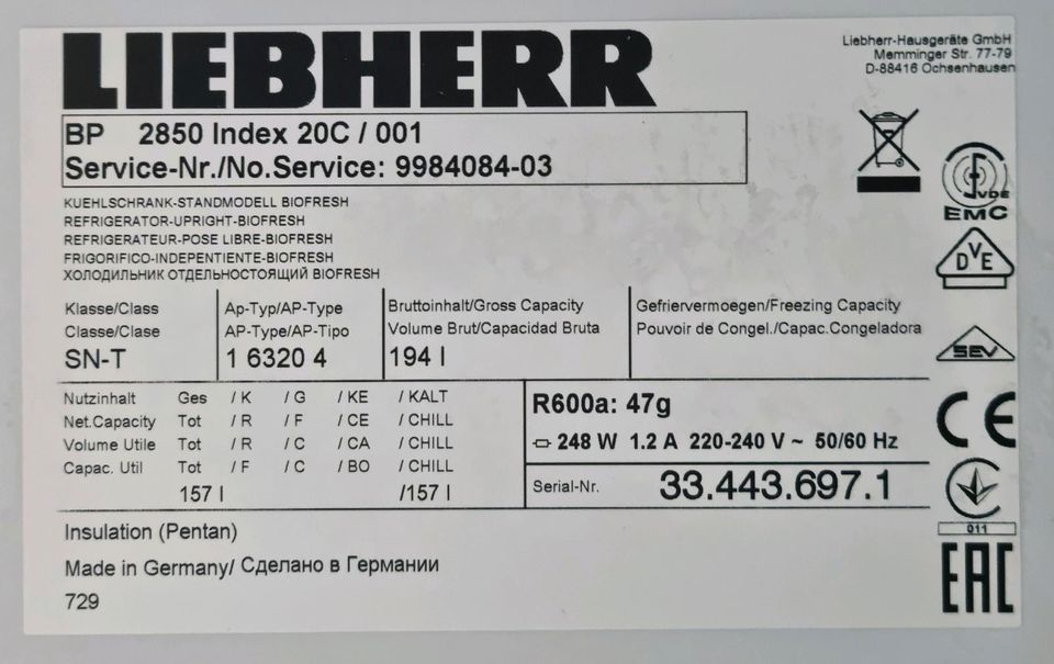 Liebherr BioFresh BP2850 Index 20C Standgerät Kühlschrank in Hanau