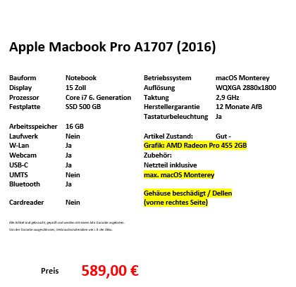 Apple Macbook Pro A1707,15" i7 6Gen. 500GB SSD 16GB RAM AfB Essen in Essen
