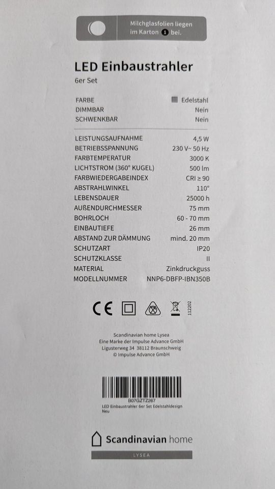 Scandinavian home 6er Set Einbaustrahler 230V 60mm - 70mm in Leer (Ostfriesland)