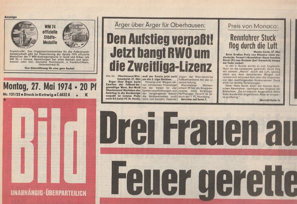 50. Geburtstag - Bild-Zeitung 27. Mai 1974 - UNGELESEN in Hürth