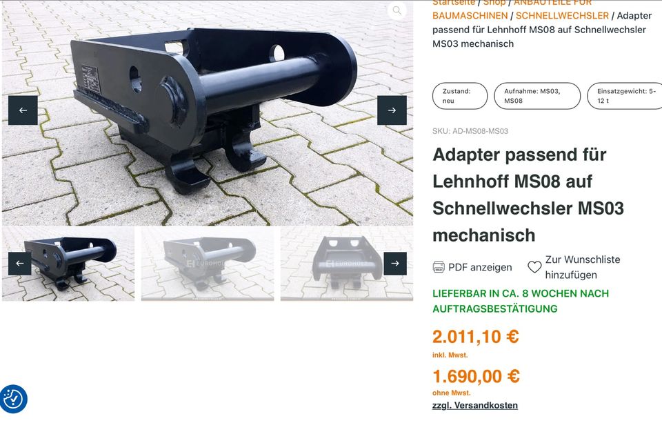 Adapter passend für Lehnhoff MS08 auf Schnellwechsler MS03 in Rietberg