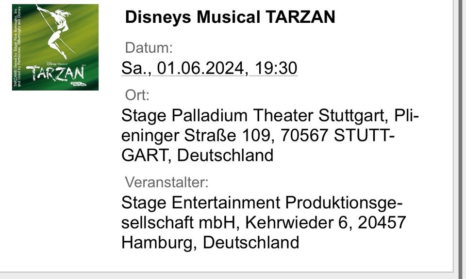 2x Tarzan Musical 01.06.2024  / 19.30 Uhr in Ochsenhausen