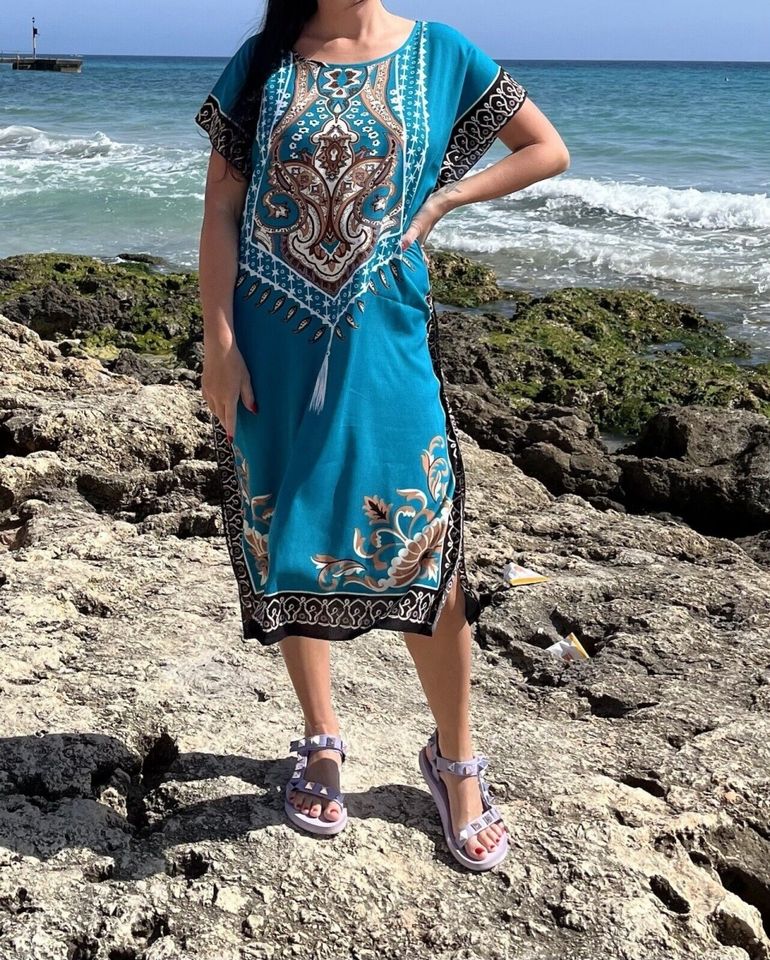 Strandkleid Arabisch Midi Kleid Baumwolle Tunika Sommerkleid blau in Essen