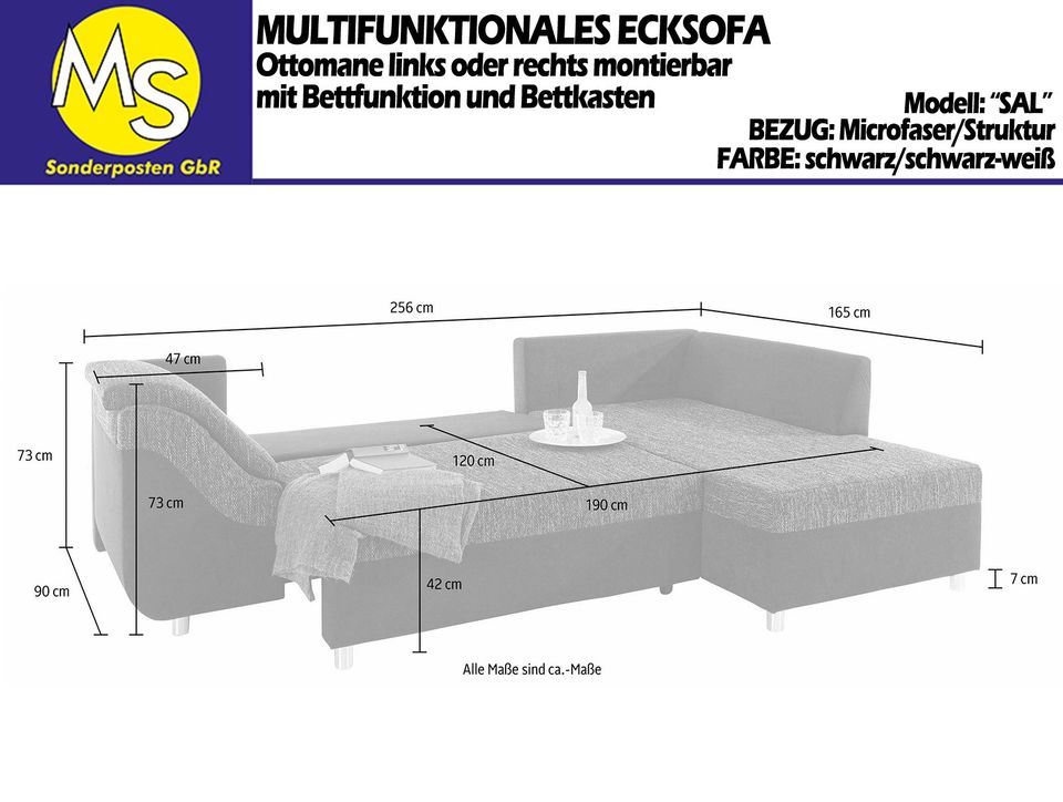 Sofa Couch Wohnlandschaft L Form Bettfunktion/Bettkasten schwarz in Mettingen
