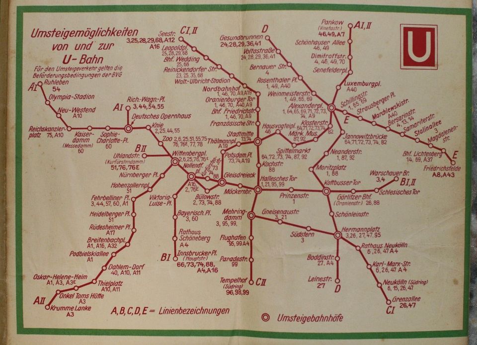 Liniennetz Karte BVG Berlin - 1951 - Fahrpreise und Werbung in Grünheide (Mark)