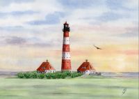 Aquarell Druck A4 Bild Leuchtturm Westerhever Sunset Nordsee Niedersachsen - Delmenhorst Vorschau